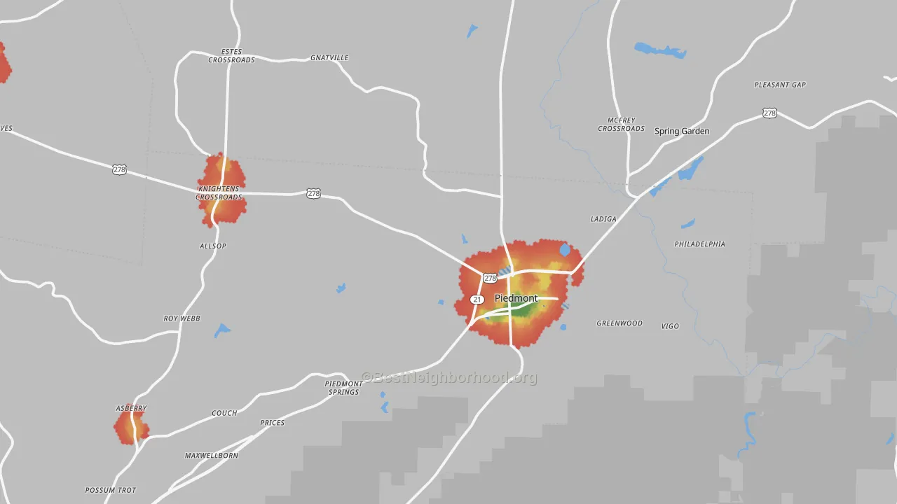 Walk Grade map of 36272, AL, walkable areas in green and car-dependent areas in red