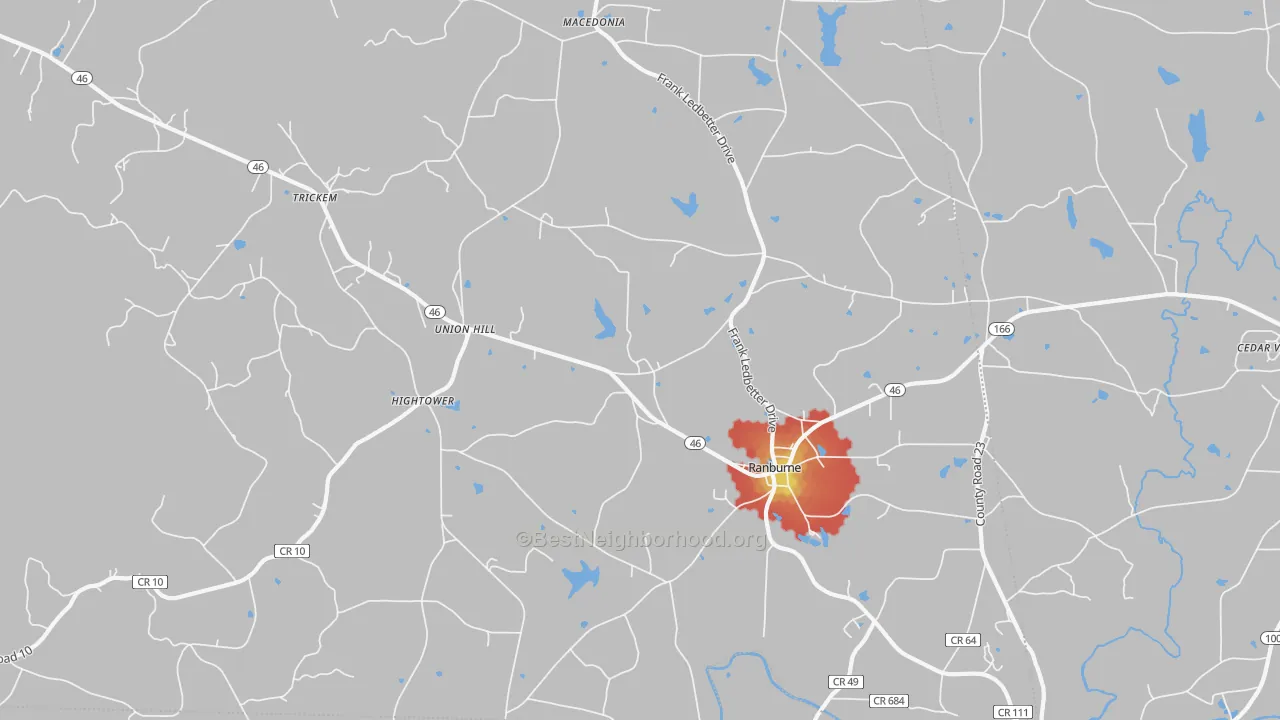 Walk Grade map of 36273, AL, walkable areas in green and car-dependent areas in red
