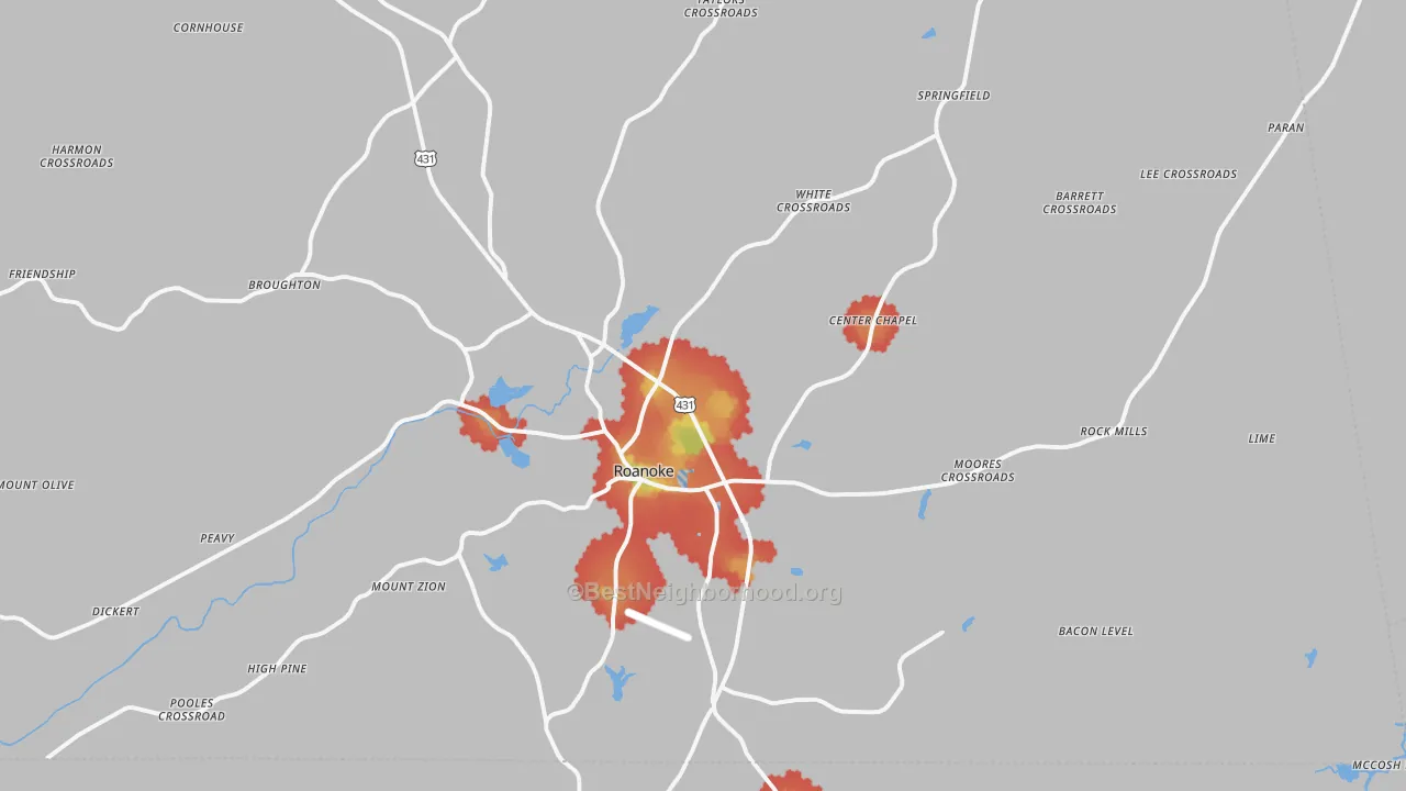 Walk Grade map of 36274, AL, walkable areas in green and car-dependent areas in red