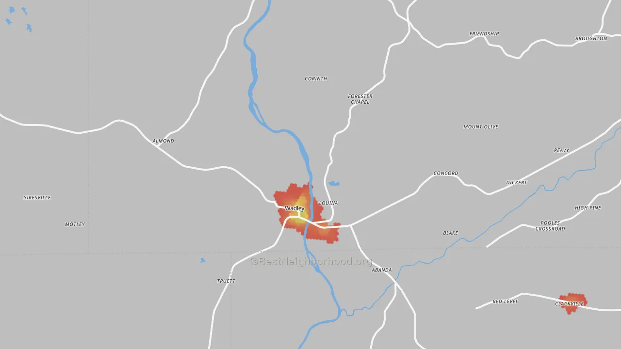 Walk Grade map of 36276, AL, walkable areas in green and car-dependent areas in red