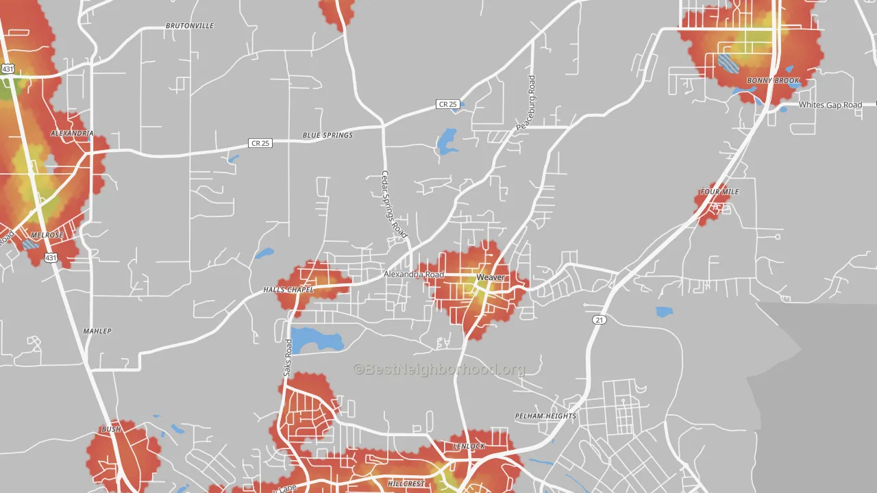 Walk Grade map of 36277, AL, walkable areas in green and car-dependent areas in red