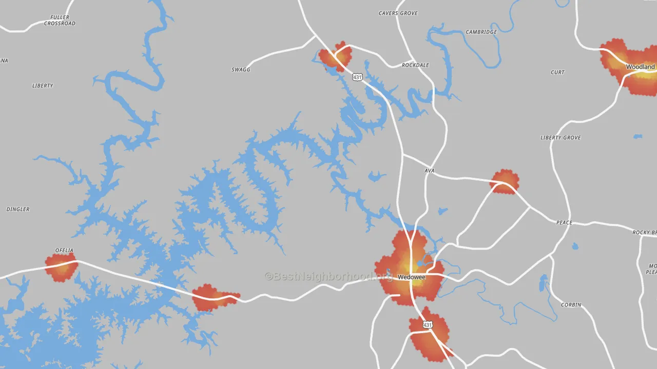Walk Grade map of 36278, AL, walkable areas in green and car-dependent areas in red