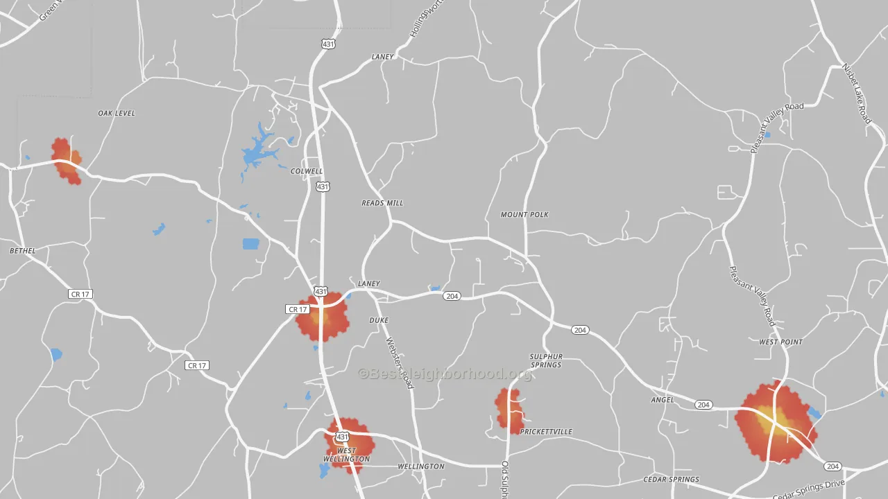 Walk Grade map of 36279, AL, walkable areas in green and car-dependent areas in red