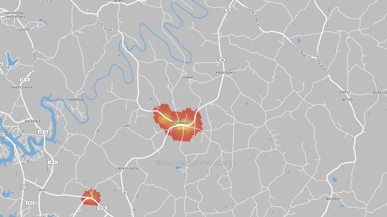 Walk Grade map of 36280, AL, walkable areas in green and car-dependent areas in red