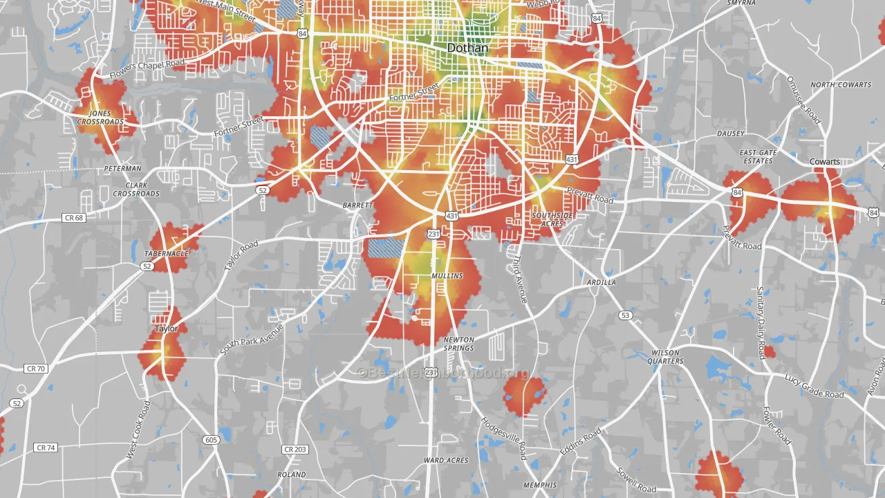 Walk Grade map of 36301, AL, walkable areas in green and car-dependent areas in red
