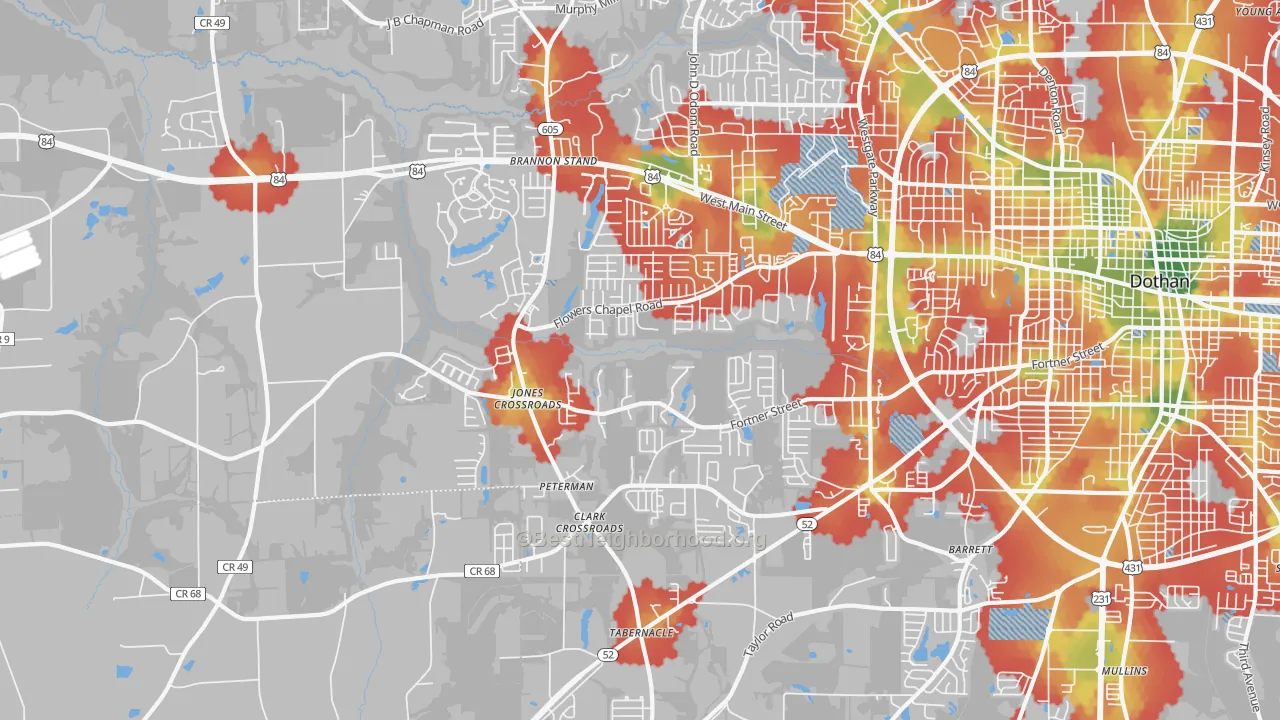 Walk Grade map of 36305, AL, walkable areas in green and car-dependent areas in red