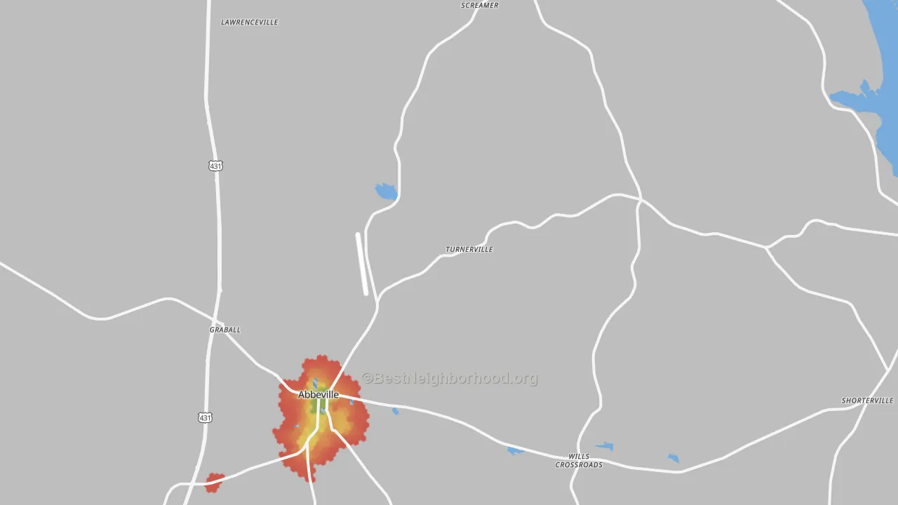 Walk Grade map of 36310, AL, walkable areas in green and car-dependent areas in red