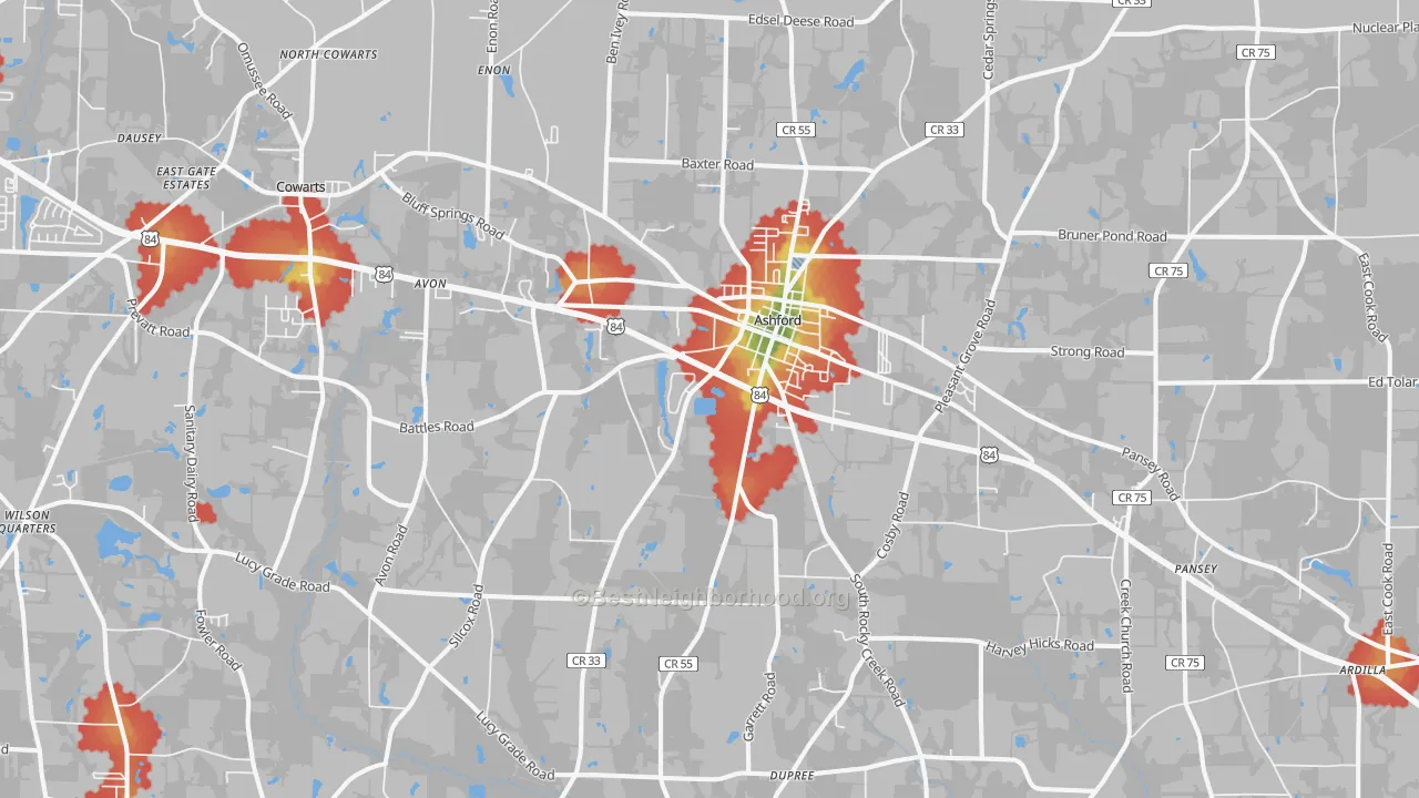 Walk Grade map of 36312, AL, walkable areas in green and car-dependent areas in red