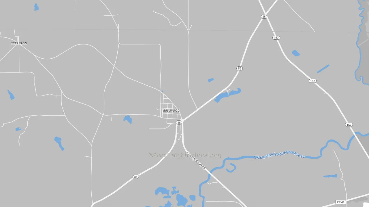 Walk Grade map of 36313, AL, walkable areas in green and car-dependent areas in red