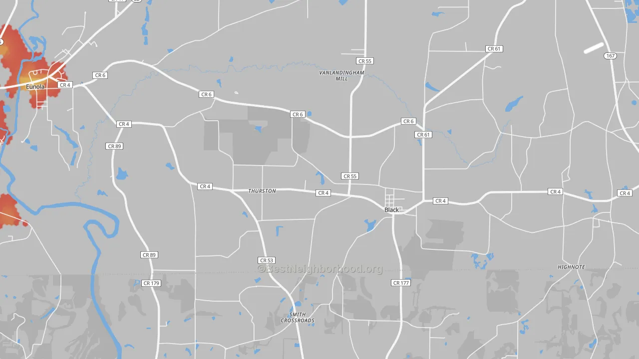 Walk Grade map of 36314, AL, walkable areas in green and car-dependent areas in red