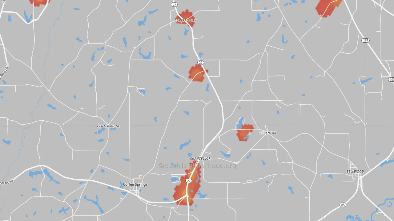 Walk Grade map of 36316, AL, walkable areas in green and car-dependent areas in red