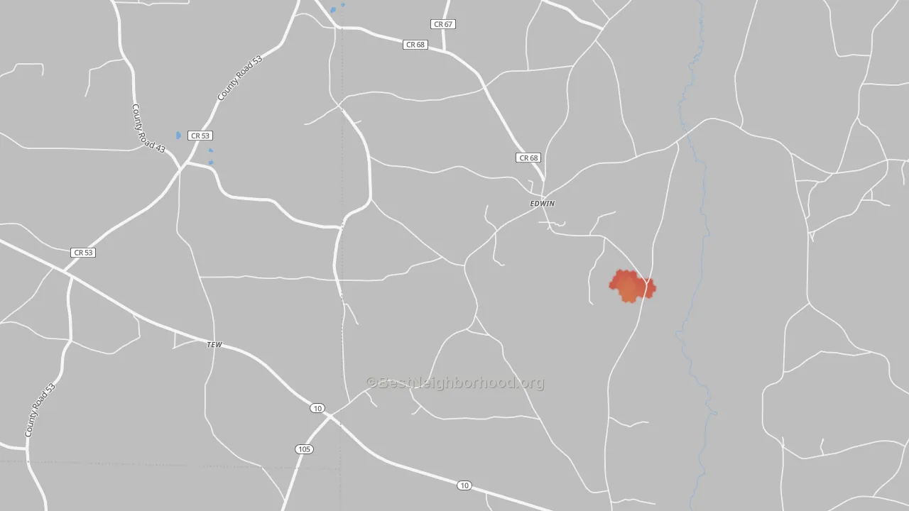 Walk Grade map of 36317, AL, walkable areas in green and car-dependent areas in red