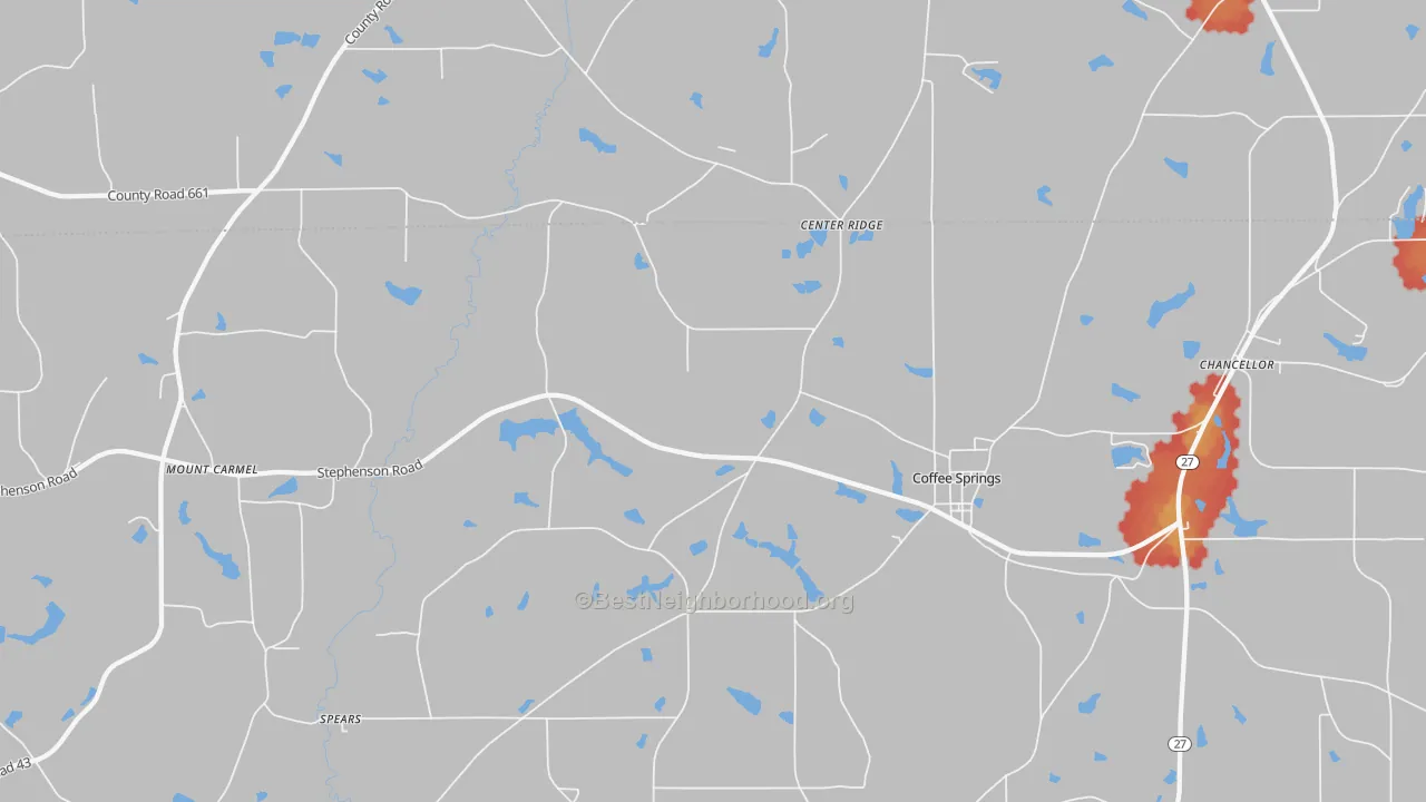 Walk Grade map of 36318, AL, walkable areas in green and car-dependent areas in red