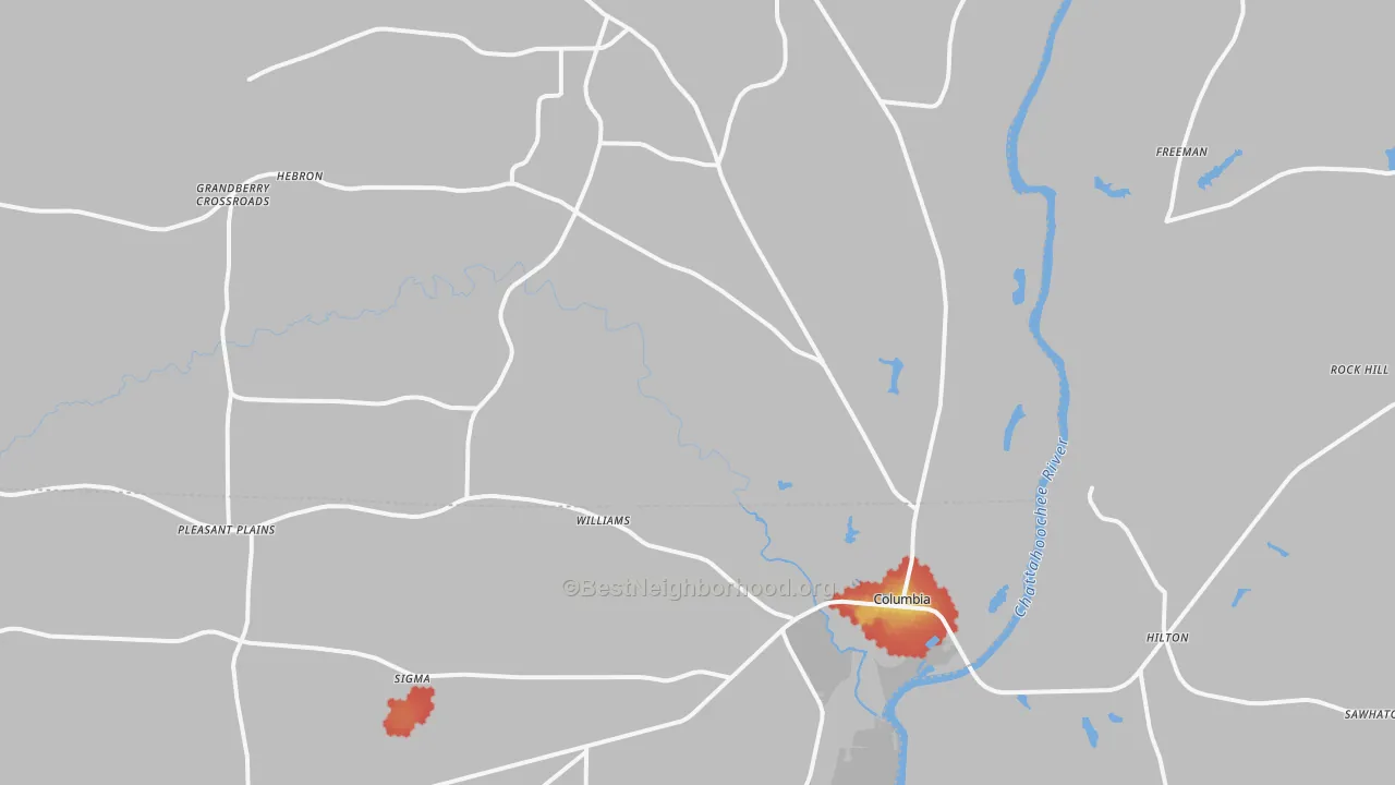 Walk Grade map of 36319, AL, walkable areas in green and car-dependent areas in red