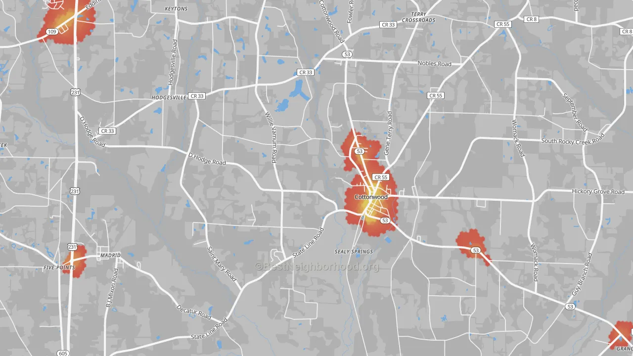 Walk Grade map of 36320, AL, walkable areas in green and car-dependent areas in red