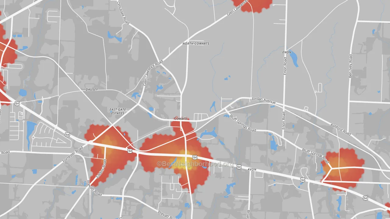 Walk Grade map of 36321, AL, walkable areas in green and car-dependent areas in red