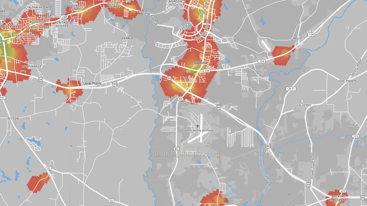 Walk Grade map of 36322, AL, walkable areas in green and car-dependent areas in red