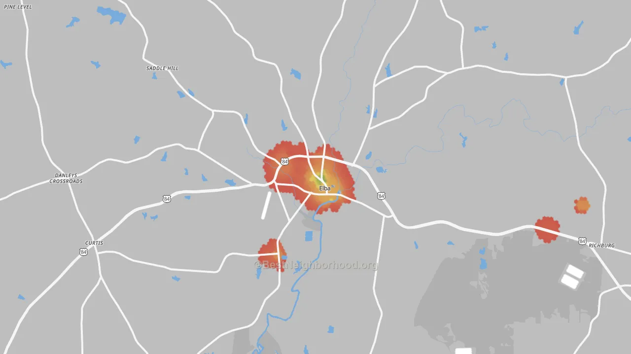 Walk Grade map of 36323, AL, walkable areas in green and car-dependent areas in red