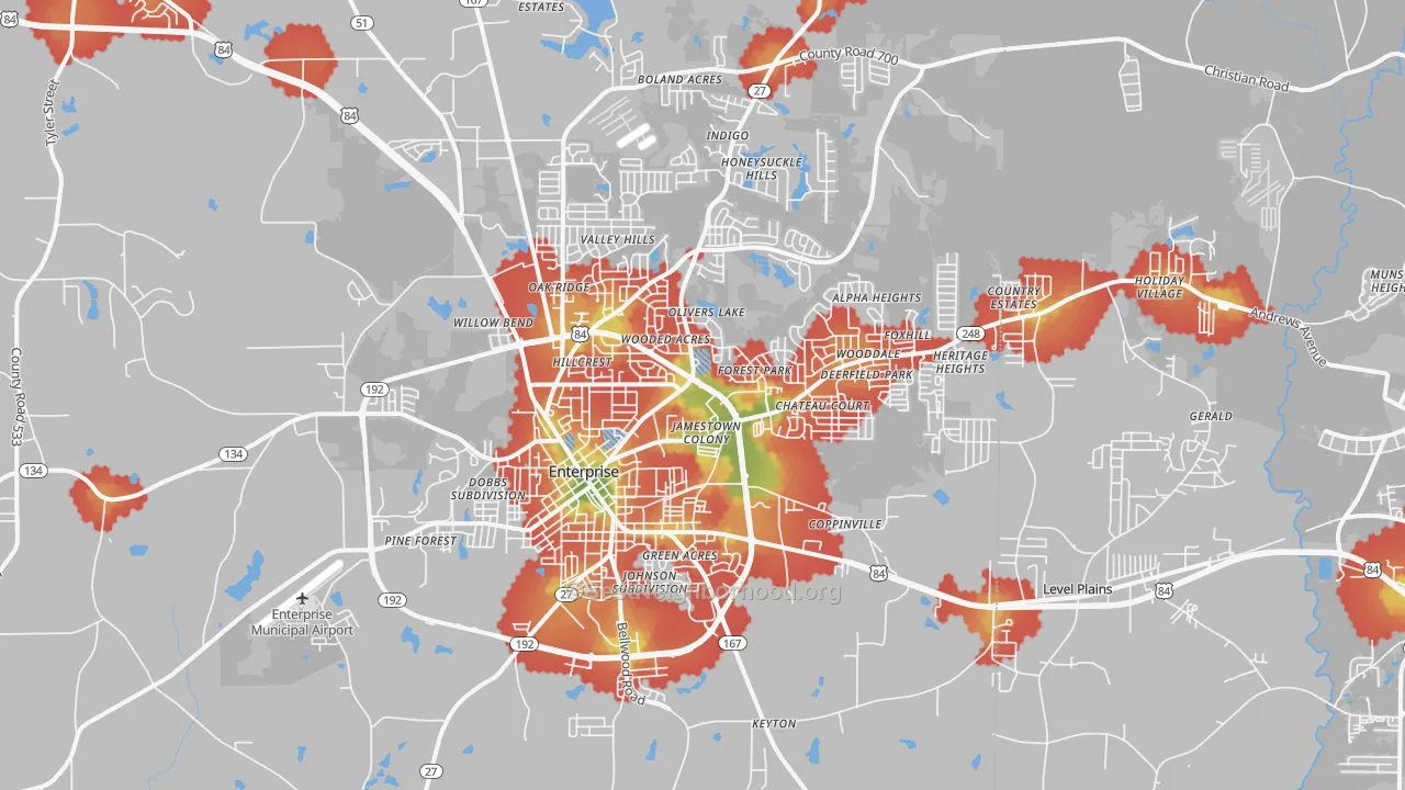 Walk Grade map of 36330, AL, walkable areas in green and car-dependent areas in red
