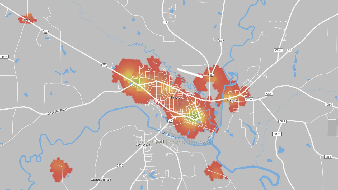 Walk Grade map of 36340, AL, walkable areas in green and car-dependent areas in red