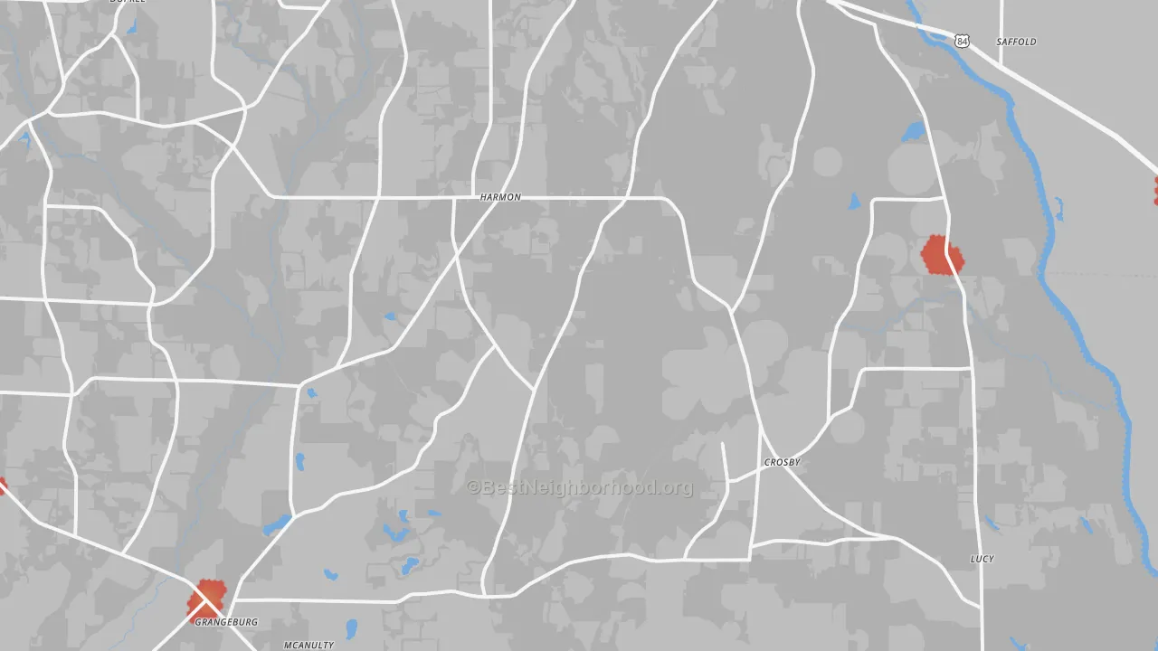 Walk Grade map of 36343, AL, walkable areas in green and car-dependent areas in red