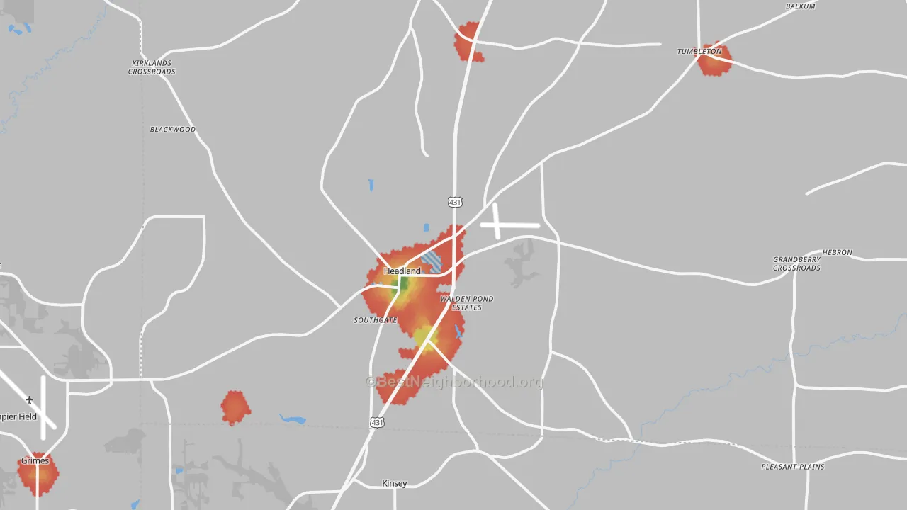 Walk Grade map of 36345, AL, walkable areas in green and car-dependent areas in red