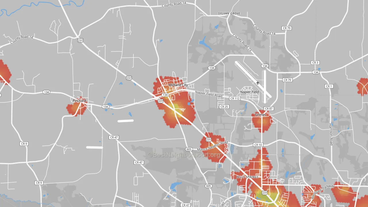 Walk Grade map of 36350, AL, walkable areas in green and car-dependent areas in red