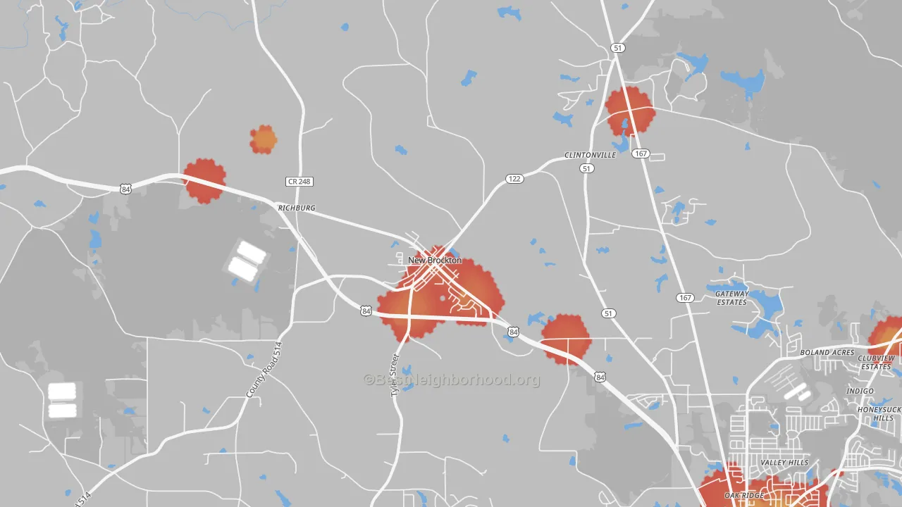 Walk Grade map of 36351, AL, walkable areas in green and car-dependent areas in red