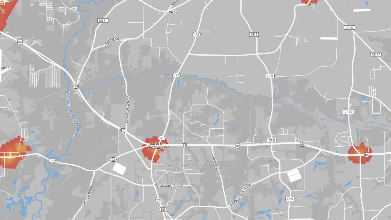 Walk Grade map of 36352, AL, walkable areas in green and car-dependent areas in red