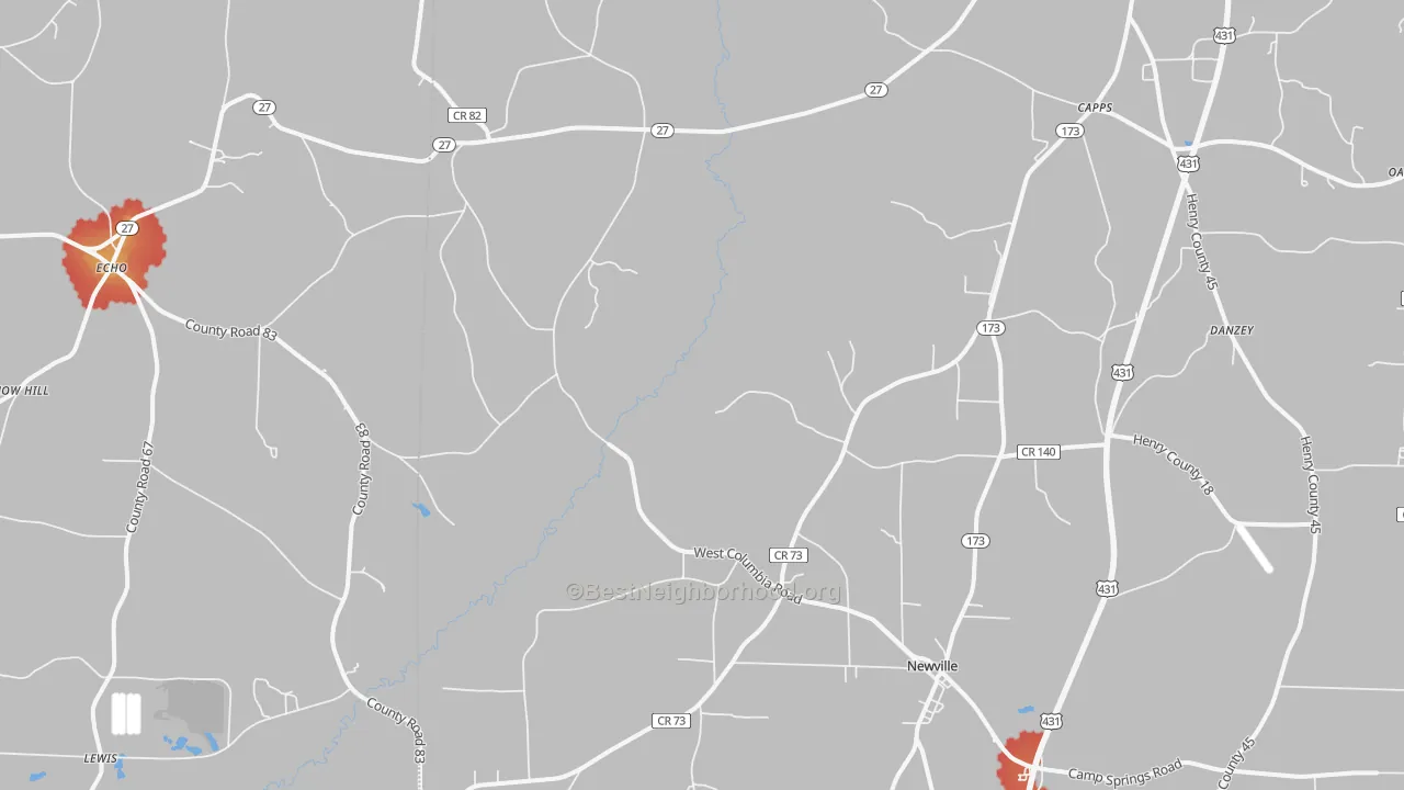 Walk Grade map of 36353, AL, walkable areas in green and car-dependent areas in red