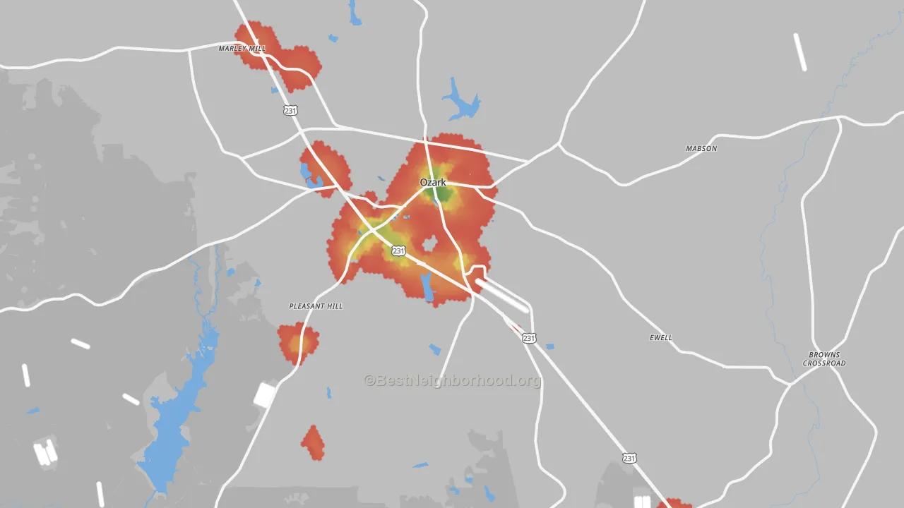 Walk Grade map of 36360, AL, walkable areas in green and car-dependent areas in red