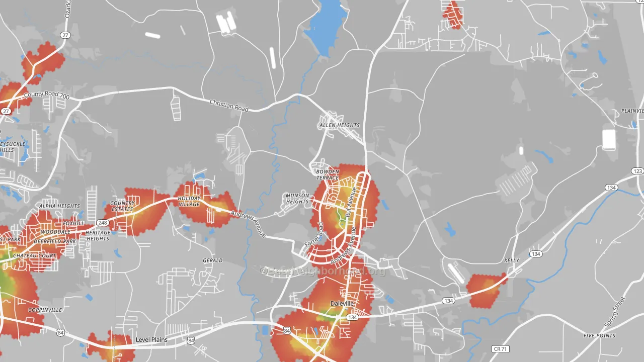 Walk Grade map of 36362, AL, walkable areas in green and car-dependent areas in red