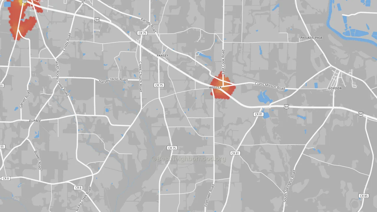 Walk Grade map of 36370, AL, walkable areas in green and car-dependent areas in red
