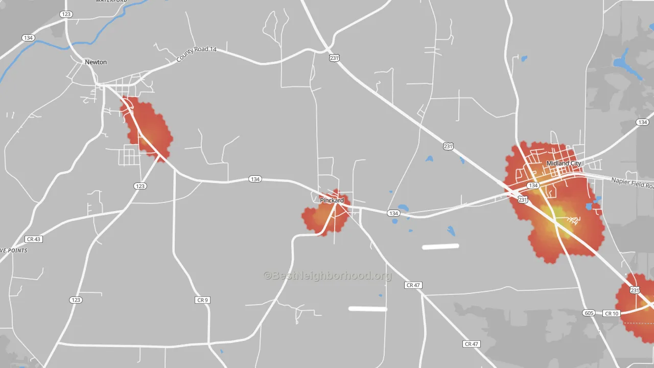 Walk Grade map of 36371, AL, walkable areas in green and car-dependent areas in red