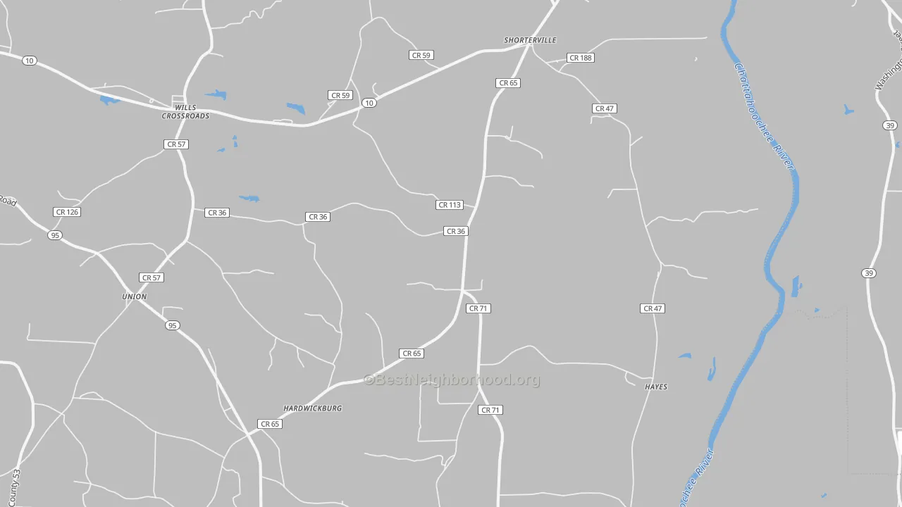 Walk Grade map of 36373, AL, walkable areas in green and car-dependent areas in red