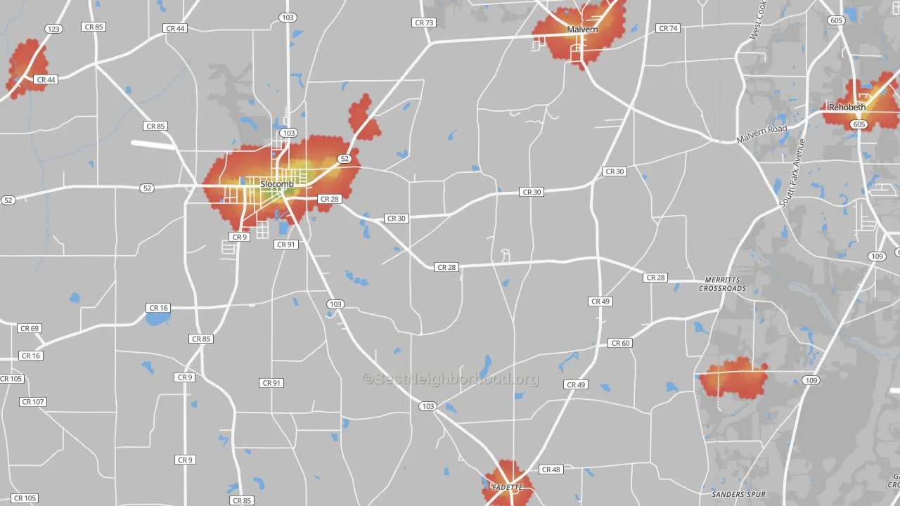 Walk Grade map of 36375, AL, walkable areas in green and car-dependent areas in red