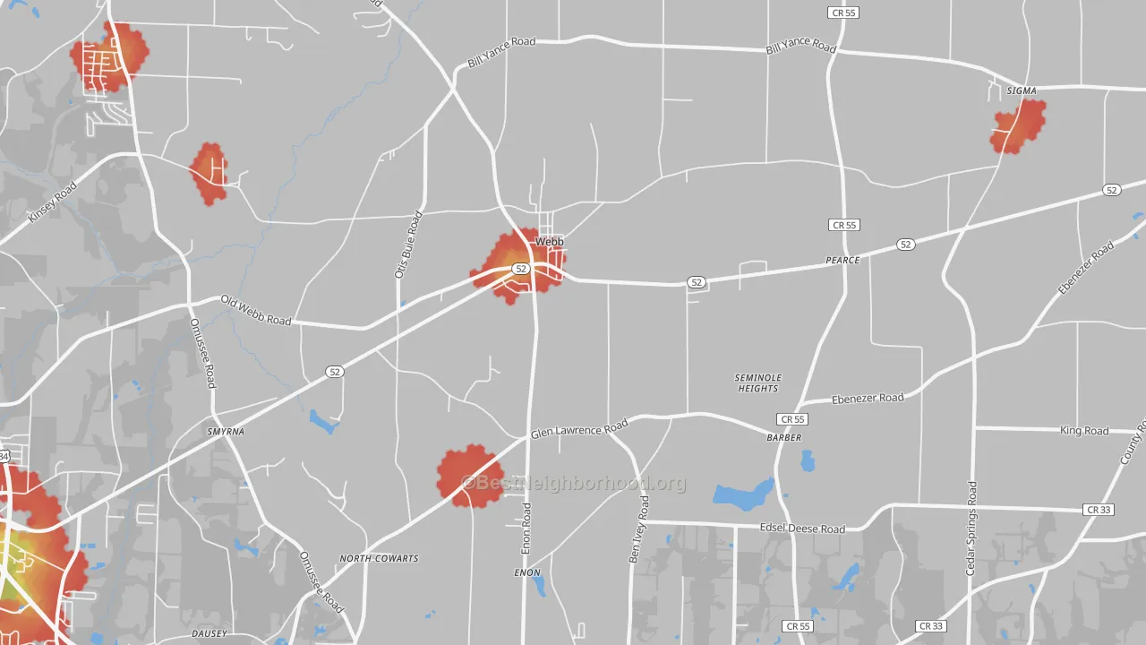 Walk Grade map of 36376, AL, walkable areas in green and car-dependent areas in red