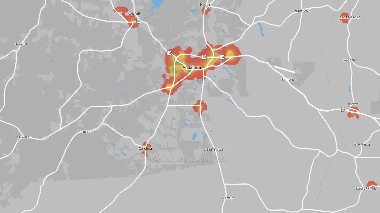Walk Grade map of 36420, AL, walkable areas in green and car-dependent areas in red