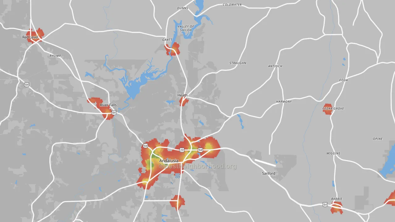 Walk Grade map of 36421, AL, walkable areas in green and car-dependent areas in red