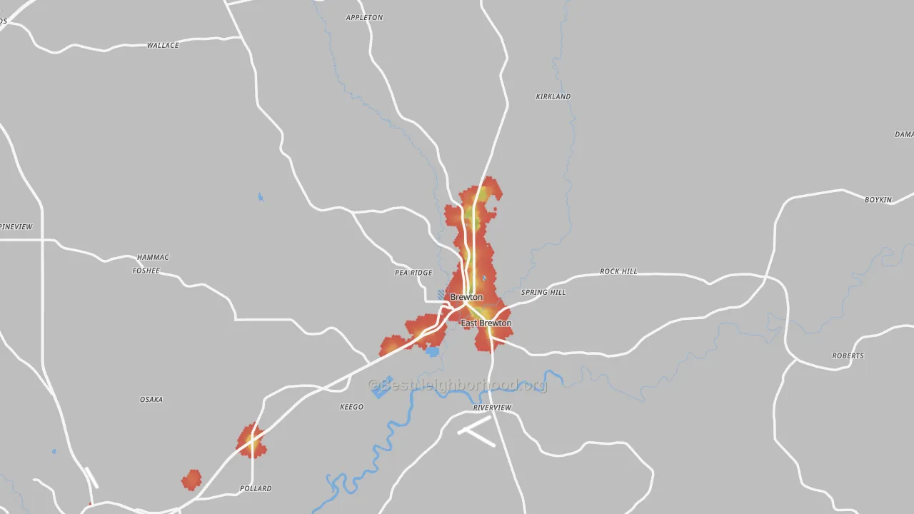 Walk Grade map of 36426, AL, walkable areas in green and car-dependent areas in red