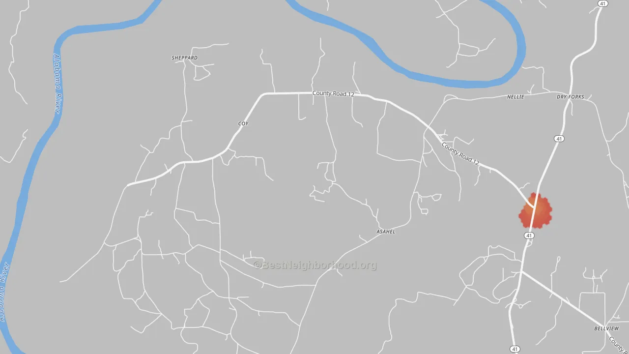 Walk Grade map of 36435, AL, walkable areas in green and car-dependent areas in red
