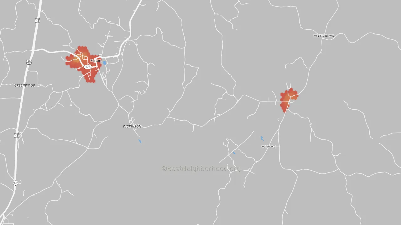 Walk Grade map of 36436, AL, walkable areas in green and car-dependent areas in red