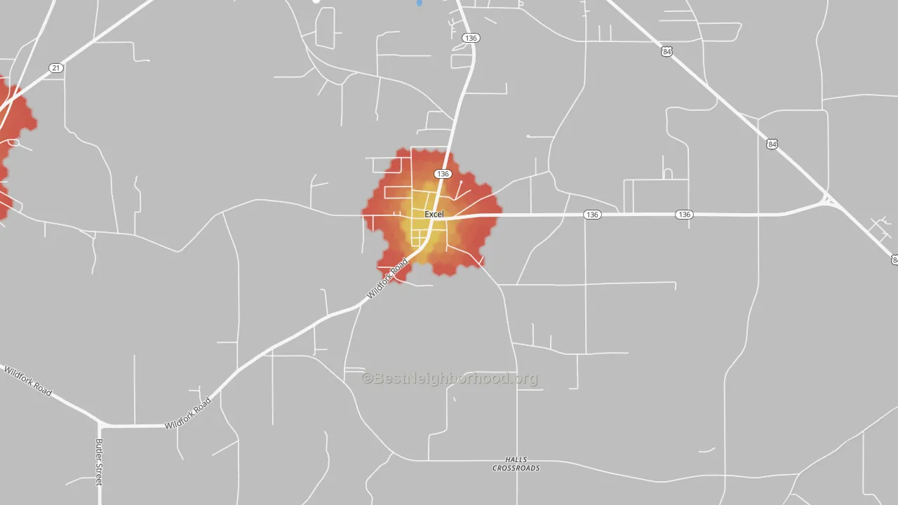 Walk Grade map of 36439, AL, walkable areas in green and car-dependent areas in red