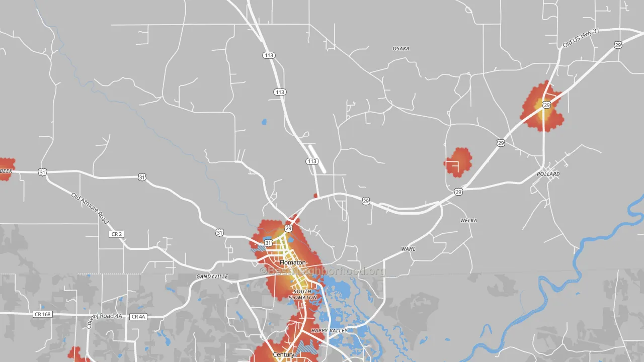 Walk Grade map of 36441, AL, walkable areas in green and car-dependent areas in red
