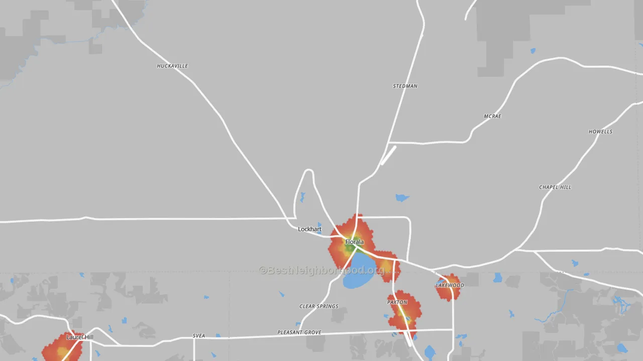 Walk Grade map of 36442, AL, walkable areas in green and car-dependent areas in red
