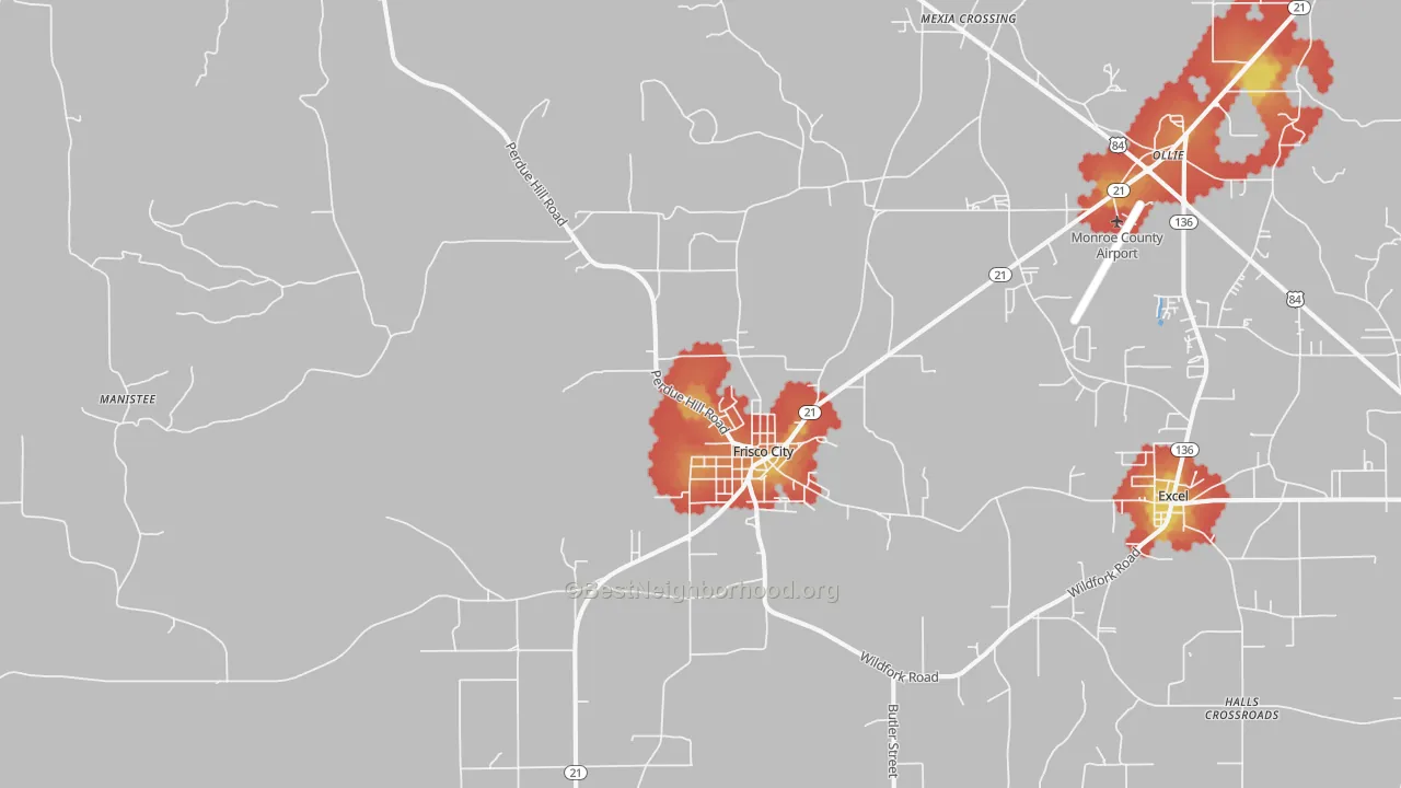 Walk Grade map of 36445, AL, walkable areas in green and car-dependent areas in red