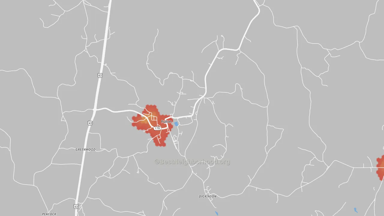 Walk Grade map of 36446, AL, walkable areas in green and car-dependent areas in red