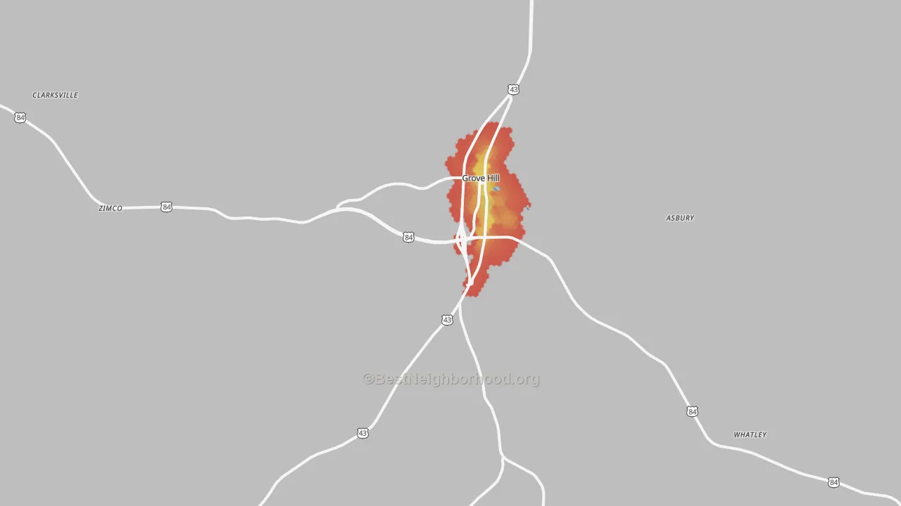 Walk Grade map of 36451, AL, walkable areas in green and car-dependent areas in red