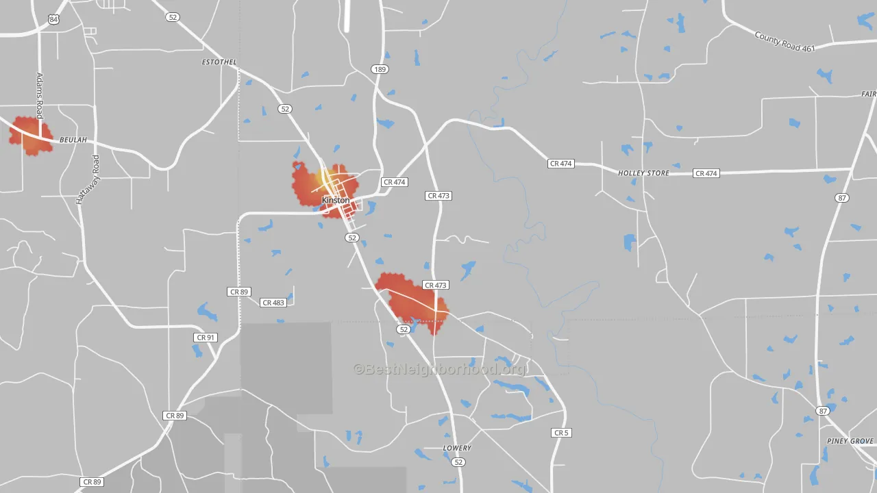 Walk Grade map of 36453, AL, walkable areas in green and car-dependent areas in red