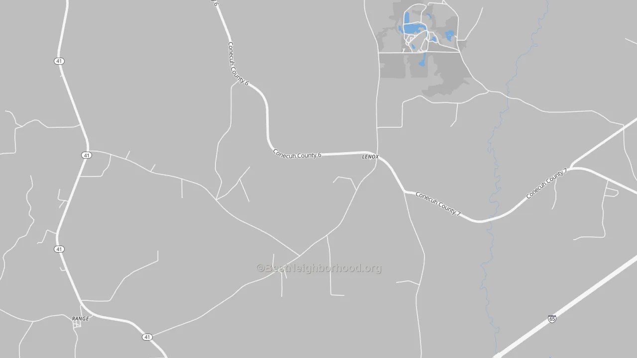 Walk Grade map of 36454, AL, walkable areas in green and car-dependent areas in red